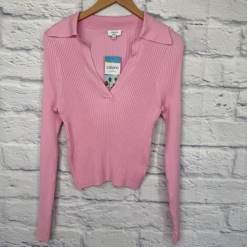 Cabana‎ by Crown & Ivy Ribbed Polo Sweater Women XL Pink NEW Long Sleeve V-Neck